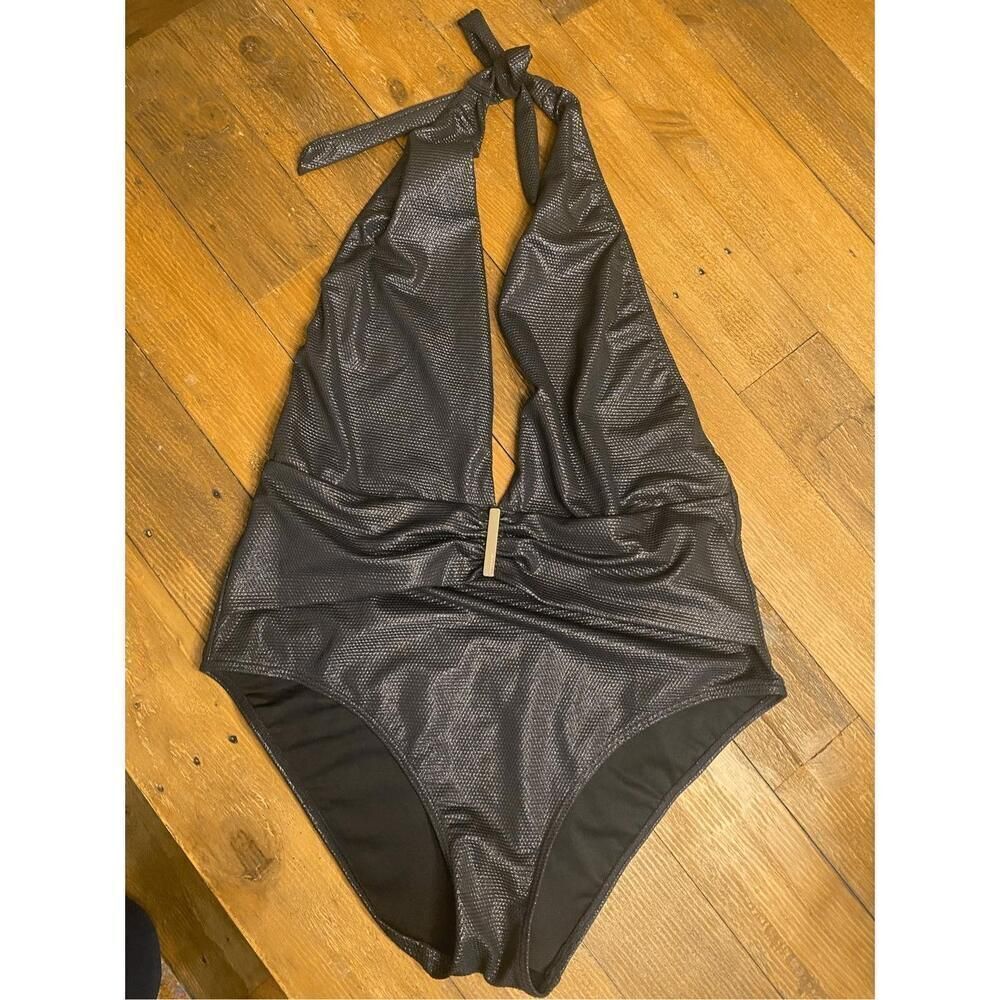 Victorias Secret Large sexy one piece swimsuit glitter black deep V cheeky
